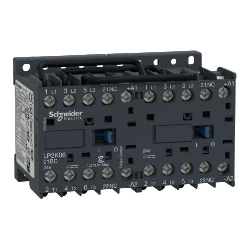 Picture of TeSys K reversing contactor - 3P - AC-3 440 V 6 A - 1 NC - 24 V DC coil, Schneider