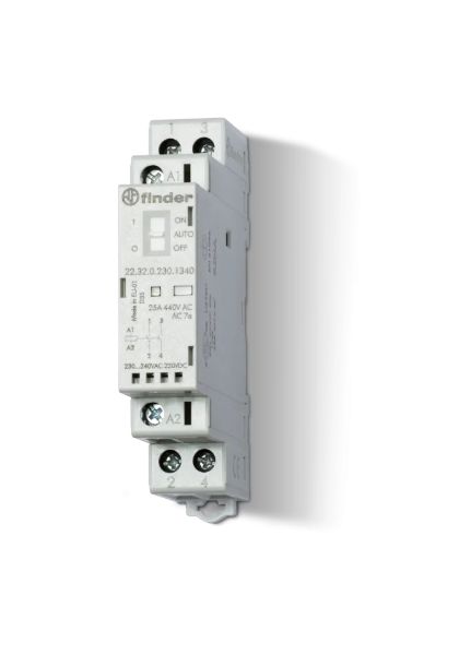 Изображение Moodulkontaktor, 2NO, 25A, AgSnO2, 12VAC/DC, 1mod, Auto-On-Off, Finder