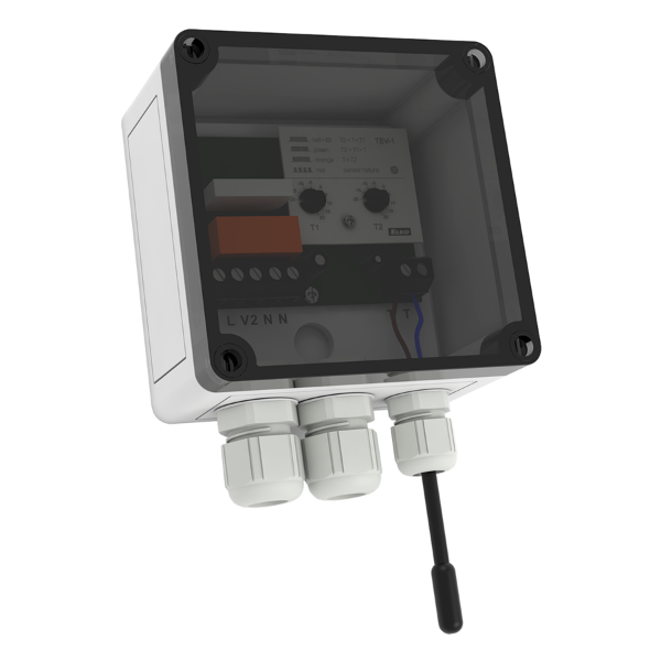 Изображение Termostaat(pinnapealne) TEV-1, -20...+20 C, väline NTC andur, 1NO 16A, IP65, Elko