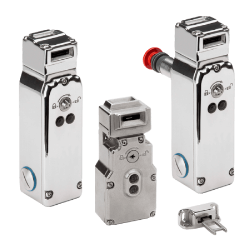 Picture of Safety interlock key switch, stainless steel housing, 1600N holding force, M20, 2NC/2NO, Omron