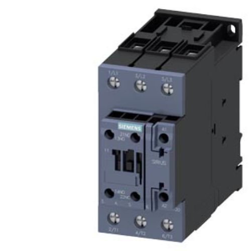 Picture of power contactor, AC-3 50 A, 22 kW / 400 V 1 NO + 1 NC, 24 V DC with varistor, 3-pole, Size , Siemens