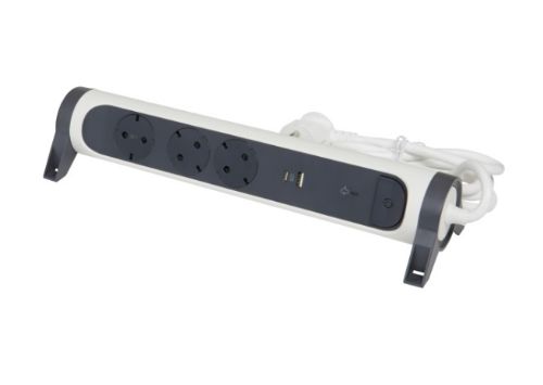 Picture of Pikendusjuhe 3xschuko, USB A+C, lüliti, liigpingekaitse, lauapealne, valge/hall, 3G1.5 1.5m, Legrand