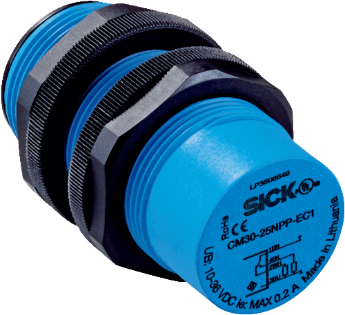 Picture of Mahtuvusandur CM, M30, Sn=25mm, Unshielded, PNP, NO+NC, kere 74mm, pistik M12 4-pin, SICK