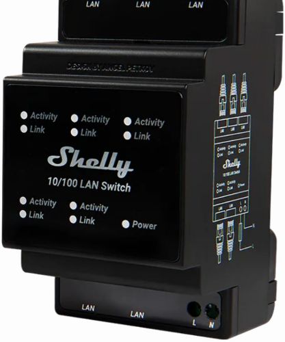 Picture of LAN Switch DIN liistule, 5 RJ45, 10/100mbps, 110-230VAC , SHELLY
