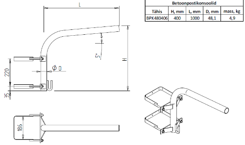 Picture of Valgusti kandur betoonpostile L=1,5m+0,4m+konks 2 x kinnitusklamber 