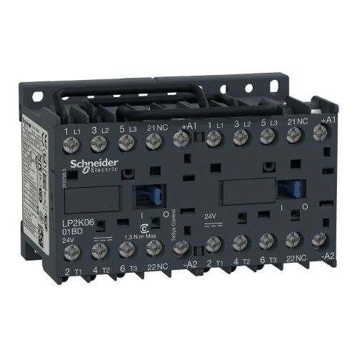 Picture of TeSys K reversing contactor - 3P - AC-3 440 V 6 A - 1 NC - 24 V DC coil, Schneider 
