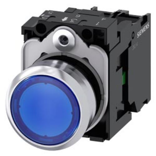 Picture of Surunupp 3SU, SININE, metall, madal, illum., 1NO, 24VAC/DC LED, adapter, IP67, Siemens 