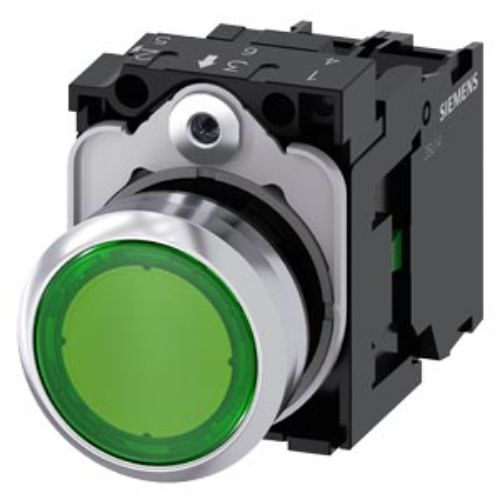 Picture of Surunupp 3SU, ROHELINE, metall, madal, illum., 1NO, 24VAC/DC LED, adapter, IP67, Siemens 