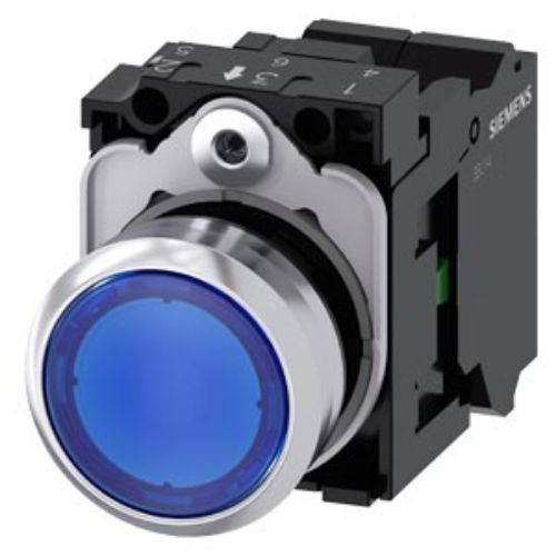Picture of Surunupp 3SU, Sinine, metall, madal, illum., 1NO, 24VAC/DC LED, adapter, IP67, Siemens 