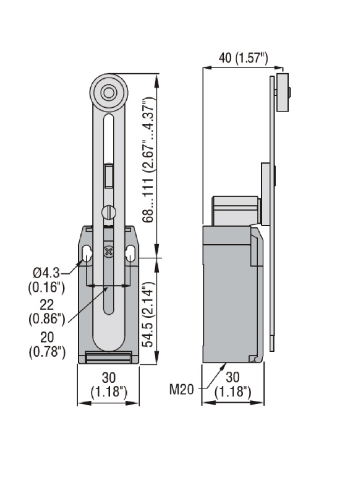 Picture of Teekonnalüliti (plast) KM, 2NC (sõltumatu), HOOB+RULLIK ( reguleeritav, plast), M20, Lovato 