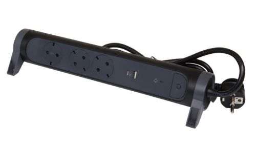 Picture of Pikendusjuhe 3xschuko, USB A+C, lüliti, liigpingekaitse, lauapealne, must/hall, 3G1.5 1.5m, Legrand 
