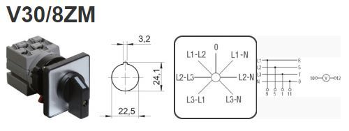 Picture of Voltmeetrilüliti WOC, (L1-L3,L2-L3,L1-L2,L1-N,L2-N,L3-N), 25A, 690V, uksele (22mm ava), Sontheimer 