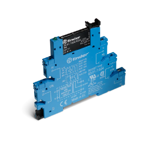 Picture of Pooljuhtrelee + pesa kruviklemmiga (6.2mm), 1NO, 2A, (240VAC), sisend 24VDC, LED, Finder 