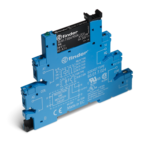 Picture of Pooljuhtrelee + pesa kruviklemmiga (6.2mm), 1NO, 6A, (24VDC), sisend 24VDC, LED, Finder 