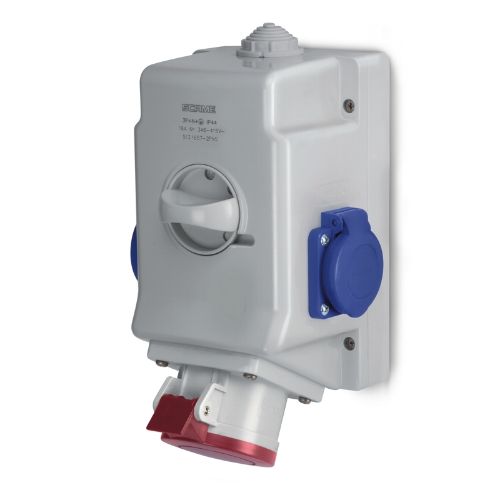 Изображение Seinapesa+lüliti 16A 5P 6H 400VAC CEE + 2xSchuko (Kombi) ( ühendatud ) (ava M32) IP44, SCAME 