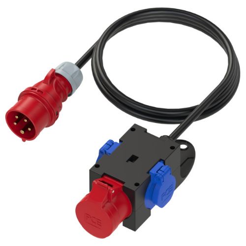 Изображение Jagur, sisse pistik 16A 5P 6H 400VAC kummikaablil 5g2.5 1.5m, välja 1xpesa 16A 5P 6H 400VAC ja 2xpes