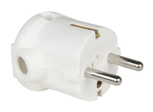 Изображение Pistik 16A 2P+E 230VAC IP20 valge, nurk, juhe küljelt, Schuko, PCE 