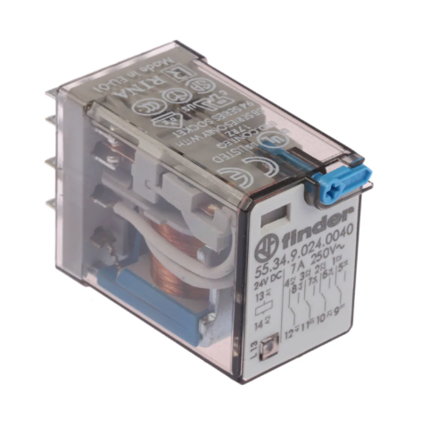 Picture of Relee 55.34, 4CO, 7A, 24VDC (40mA), LED+TEST+ diood (+A1), pesa 94 seeria, Finder 