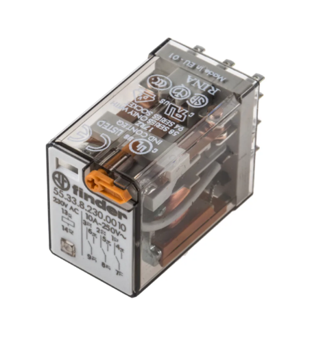 Picture of Relee 55.33, 3CO, 10A, 230AC (6mA), TEST, pesa 94.03, Finder 