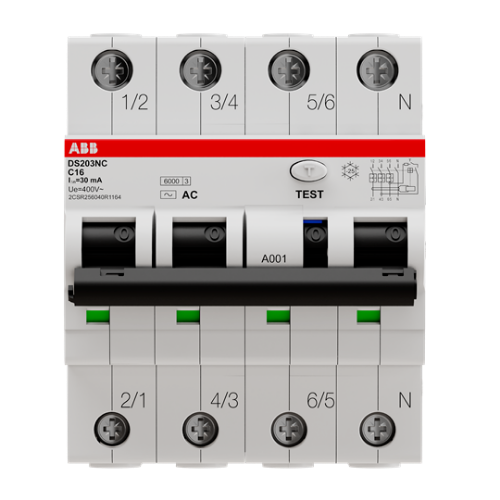 Изображение Kombikaitselüliti DS203NC, 3P+N, 16A, 6kA, C, 30mA, AC, ABB 