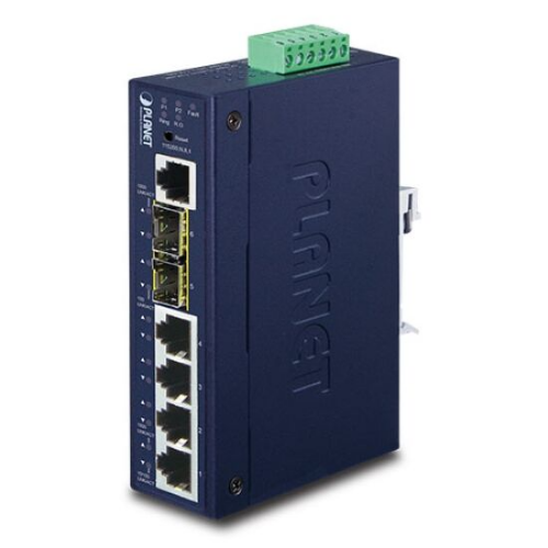 Picture of Ethernet switch, 4x10/100/1000Mbps, 2x1G/2.5G SFP, 1xRJ-45 console, Layer 2/4, IEEE 1588v2,  Planet