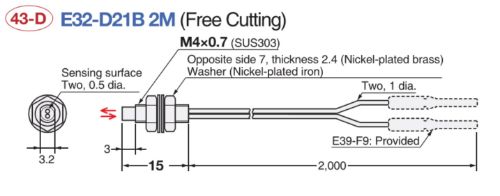 Picture of Fiber optic sensor, diffuse, M4, robotic fiber R4, 2m cable, Omron 