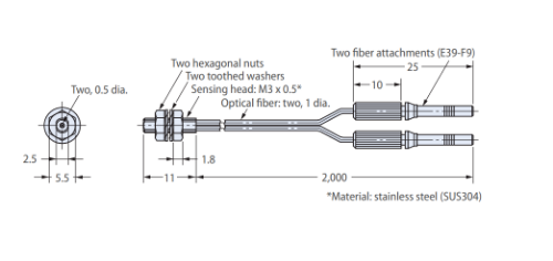 Picture of Fiiberandur objetilt E32, M3, Sn=240mm, kaabel 2m, Omron 