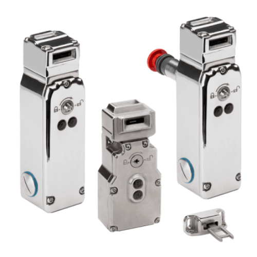 Picture of Safety interlock key switch, stainless steel housing, 1600N holding force, M20, 2NC/2NO, Omron 