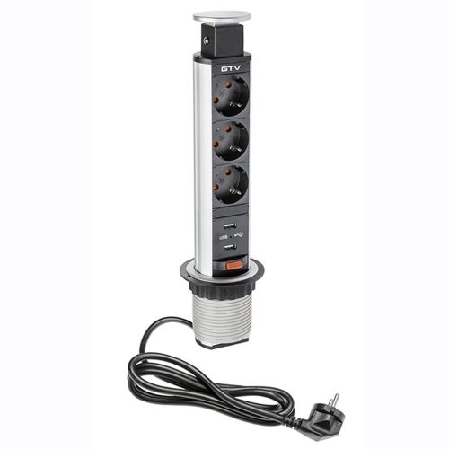Picture of Pistikupesa  süvistatav 3-ne m-ga 2xUSB hõbedane kuni 16A 3600W süvisava D 53mm 1.5m GTV 