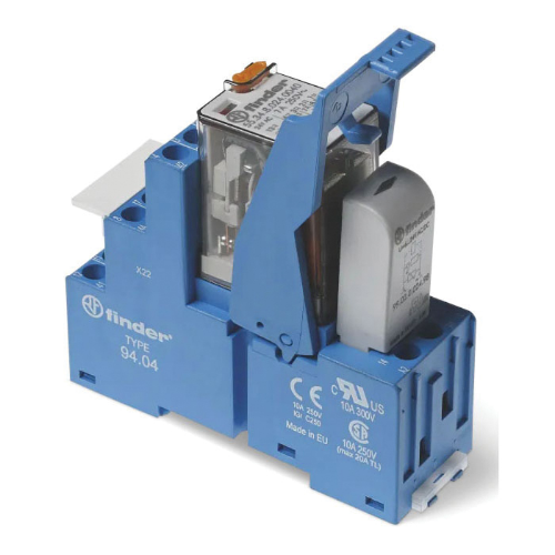 Picture of Minirelee + pesa 58.34, 4CO, 7A, 24VDC (40mA), LED+diood (+A1) + fiksaator,  Finder 
