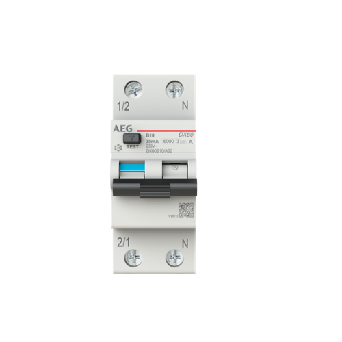 Picture of Kombikaitselüliti (RCBO) DX60, 1P+N, 10A, B, 30mA, A, 2mod, AEG 