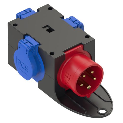 Изображение Jagur, sisse pistik 16A 5P 6H 400VAC, välja 3xpesa Schuko, IP44, CEE, PCE 