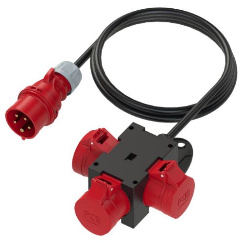 Изображение Jagur, sisse pistik 16A 5P 6H 400VAC kummikaablil 5g2.5 1.5m, välja 3xpesa 16A 5P 6H 400VAC IP44, CE