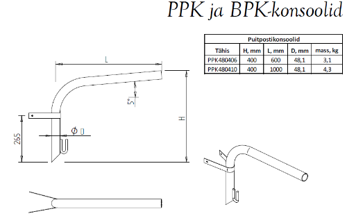 Изображение Valgusti kandur puitpostile L=1m+0.5m+konks 